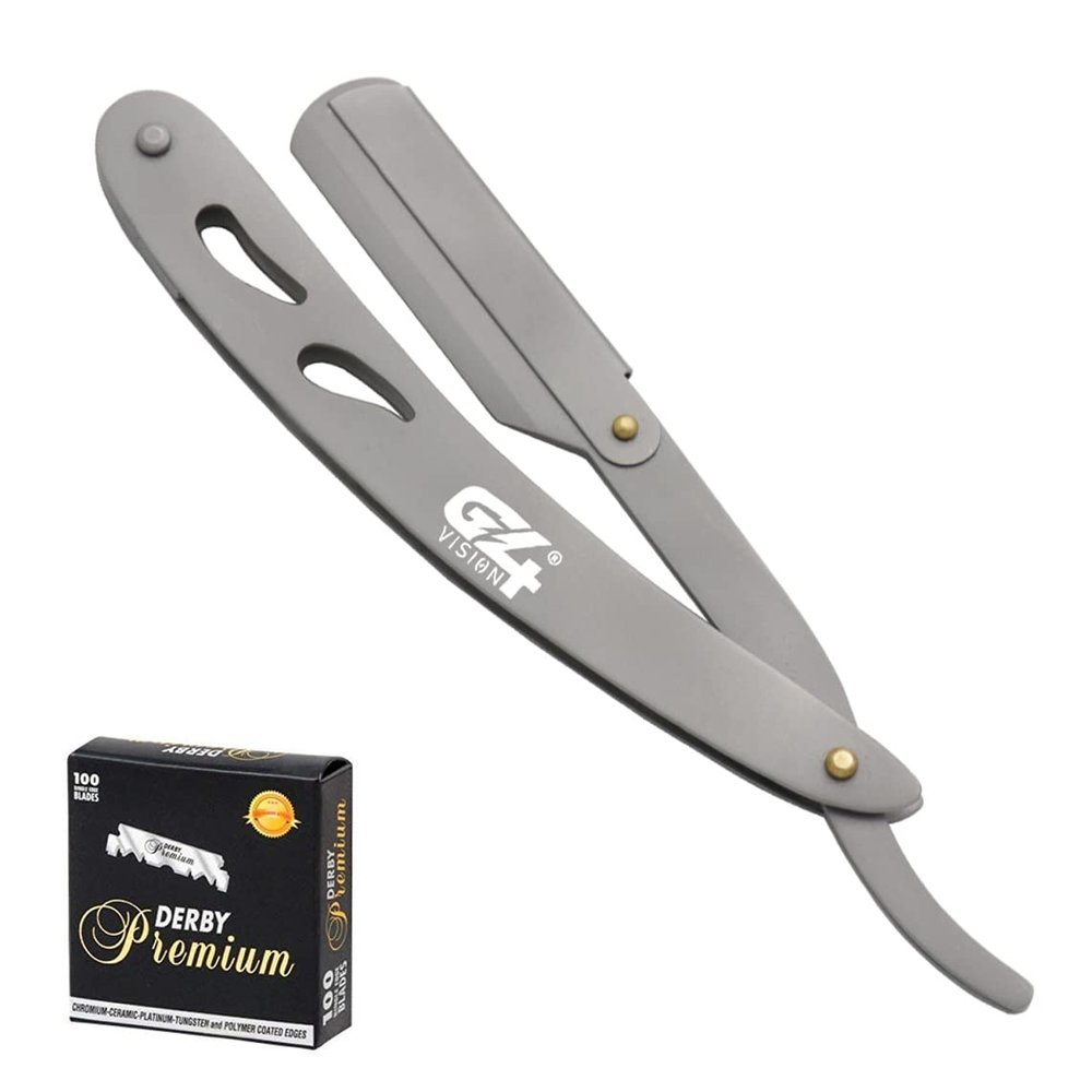 G4 Stainless Steel Straight Edge Barber Shaving Razor Blade for Close Shaving Men Folding Replaceable Free 100 Derby Blades (Silver)