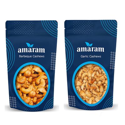 Amaram by Ghasitaram Pack of 2 Garlic, Crunchy Cashews Pouches|Dryfruit Gift Hamper|Dry Fruit Combo Pack Offer|Dry Fruit Gift Pack|Dry Fruit Box|Diwali Dry Fruit Gift Pouch|Mix Nut|