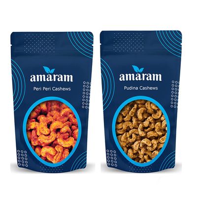 Amaram by Ghasitaram Pack of 2 Peri Peri, Pudina Cashews Pouches|Dryfruit Gift Hamper|Dry Fruit Combo Pack Offer|Dry Fruit Gift Pack|Dry Fruit Box|Diwali Dry Fruit Gift Pouch|Mix Nut|