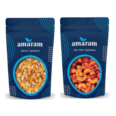 Amaram by Ghasitaram Pack of 2 Garlic, Peri Peri Cashews Pouches|Dryfruit Gift Hamper|Dry Fruit Combo Pack Offer|Dry Fruit Gift Pack|Dry Fruit Box|Diwali Dry Fruit Gift Pouch|Mix Nut|