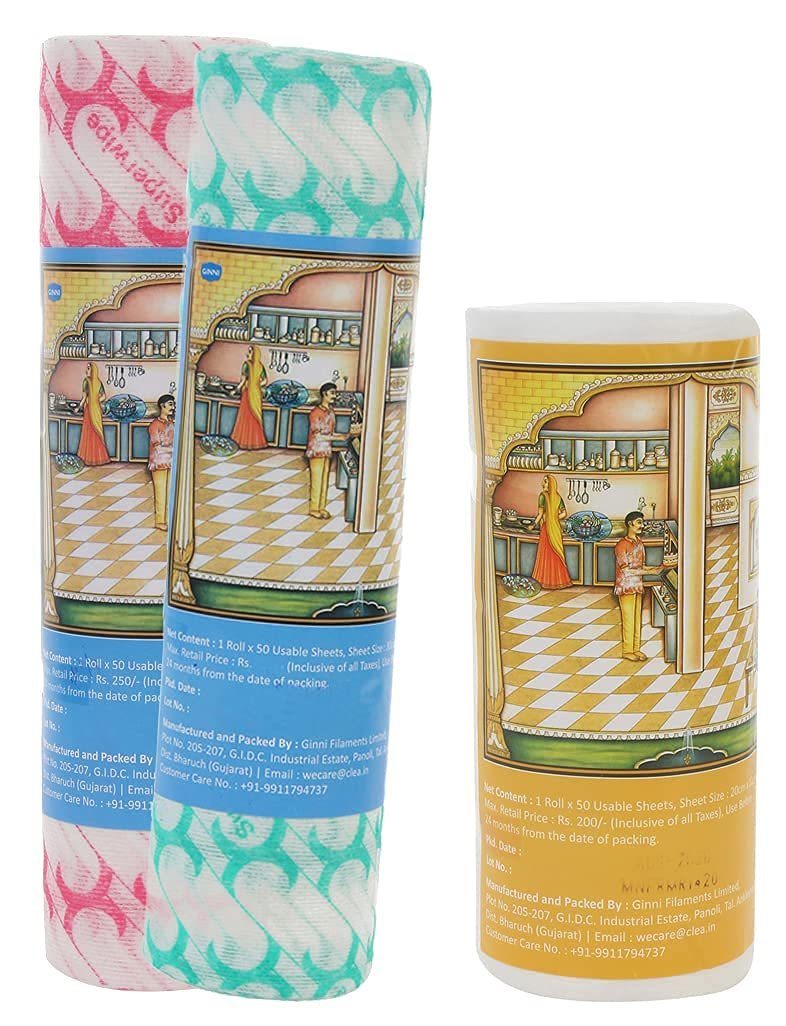 Superwipe Kitchen Swipe Rolls  Combo Pack of 3 | 2 Premium Printed Rolls (30x25 cm, 50 GSM) & 1 Chemical-Free White Roll (20x22 cm, 70 GSM) | Multi-Purpose, Ultra-Absorbent, Reusable Kitchen Wipes