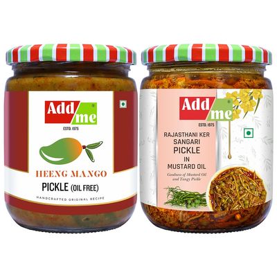 Add me tenti Kair sangri Pickle 500g & Heeng Mango 500gm Hing aam ka achar lonji, 1kg Combo Glass Pack