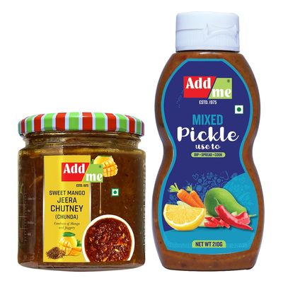 Add me Chunda Pickle Sweet Mango jeera Chutney Without Oil 200g & Home Made Mixed Pickle Chutneys, 210gm Mix achar Chutney Masala of Mango Chilli Lemon Ginger red Chilli