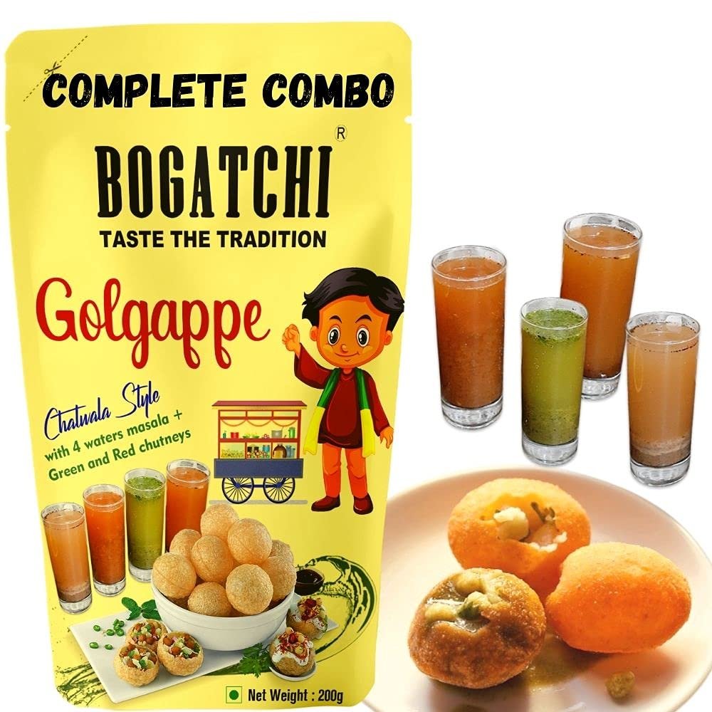 BOGATCHI Ready to Fry Atta Golgappe-Panipuri-Puchka with 4 Waters Masala and Green & Red Chutneys | Pani Puri Pappad | Golgappe Packet ReadyMade | Home Made Fiber Rich Golgappa Complete Combo, 200g
