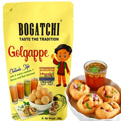 BOGATCHI Baked Atta Golgappe-Panipuri-Puchka with 4 Waters Masala and Red & Green Chutneys | Microwave Pani Puri Pappad | Golgappe Packet ReadyMade |Home Made Fiber Rich Microwave Golgappa, 200g