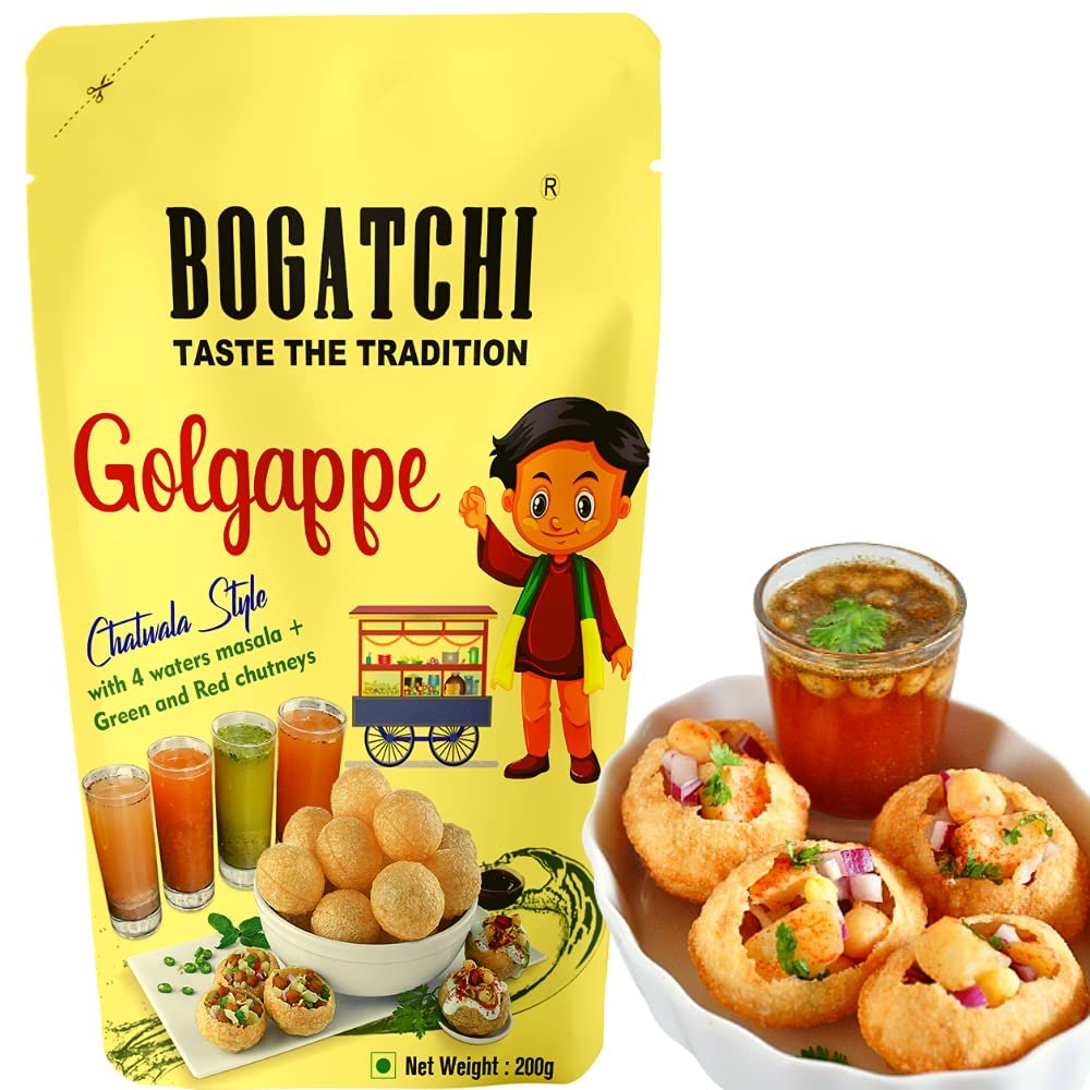 BOGATCHI Baked Atta Golgappe-Panipuri-Puchka with 4 Waters Masala and Red & Green Chutneys | Microwave Pani Puri Pappad | Golgappe Packet ReadyMade |Home Made Fiber Rich Microwave Golgappa, 200g
