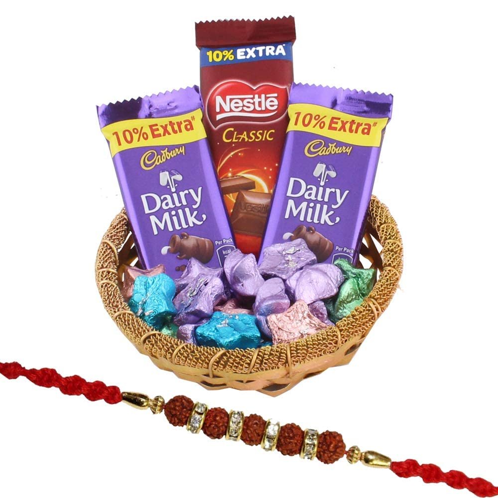 Astonished Retail Rudraksh Rakhi with Chocolate Gift | Rakhi Chocolate Gift for Brother| Rakhi Chocolate Hamper | Roli, Chawal, Chandan, Misri | 64