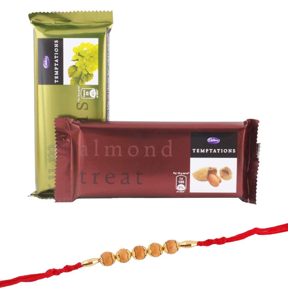 Astonished Retail Sandalwood Rakhi with Temptation Chocolates Combo | Rakhi Chocolate Gift for Brother| Rakhi Chocolate Hamper | Roli, Chawal, Chandan, Misri | 89
