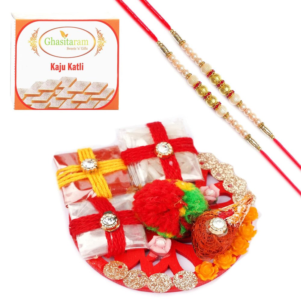Ghasitaram Gifts Rakhi Gifts for Brothers Traditional Roli Chawal Container with 2 Pearl Rakhis with 400 GMS of Kaju katli