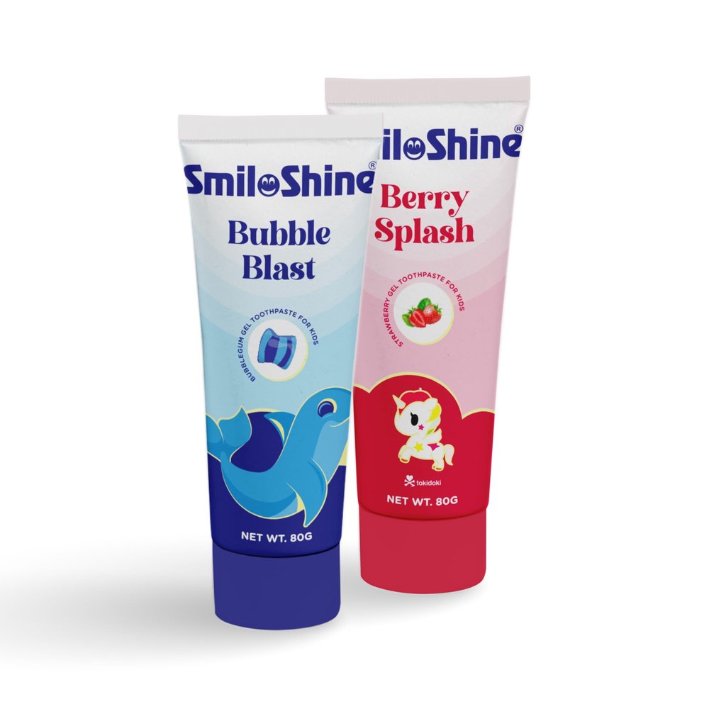 SmiloShine 80g x 2 Pack Gel Toothpaste for Kids Toothpaste Baby Plaque Removal,Fluoride Free, SLS Free, No Artificial Flavors, Prevents Cavities, Effective Oral Care (Bubblegum + Strawberry)