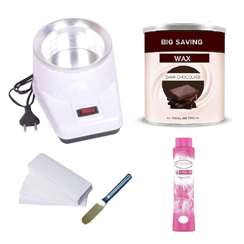 Big saving Wax Heater Machine Wax Combo Full Body Wax Hair Remover Hot Wax 600g, 70 pcs Wax Strips And Wax Knife, And Body Powder Wax Heater For Women (Chocolate Wax)