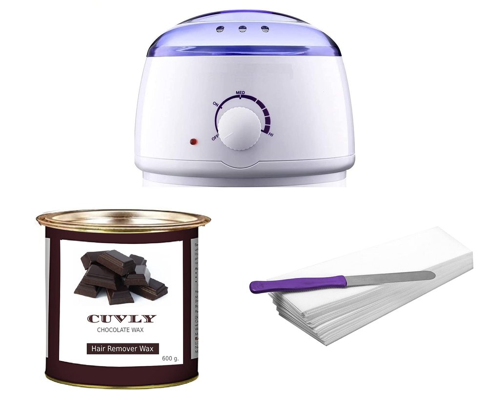 CUVLY Wax Kit Combo Wax Heater Machine Waxing Kit Combo 600 g Hot Wax Cream, Wax Strips, Knife Waxing Kit Automatic Wax Heaters Wax For Women And Men (Chocolate Wax)