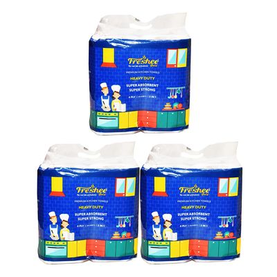 Freshee 4 Ply Kitchen Towels, Kitchen Tissue Paper Rolls Super Absorbent Heavy Duty Tissues - Pack of 3, 2 Rolls (100 Pulls per Roll)