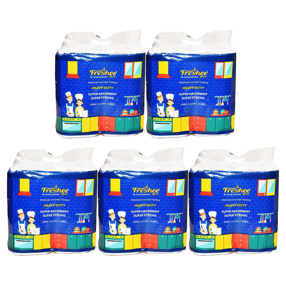 Freshee 4 Ply Kitchen Towels, Kitchen Tissue Paper Rolls Super Absorbent Heavy Duty Tissues - Pack of 5, 2 Rolls (100 Pulls per Roll)