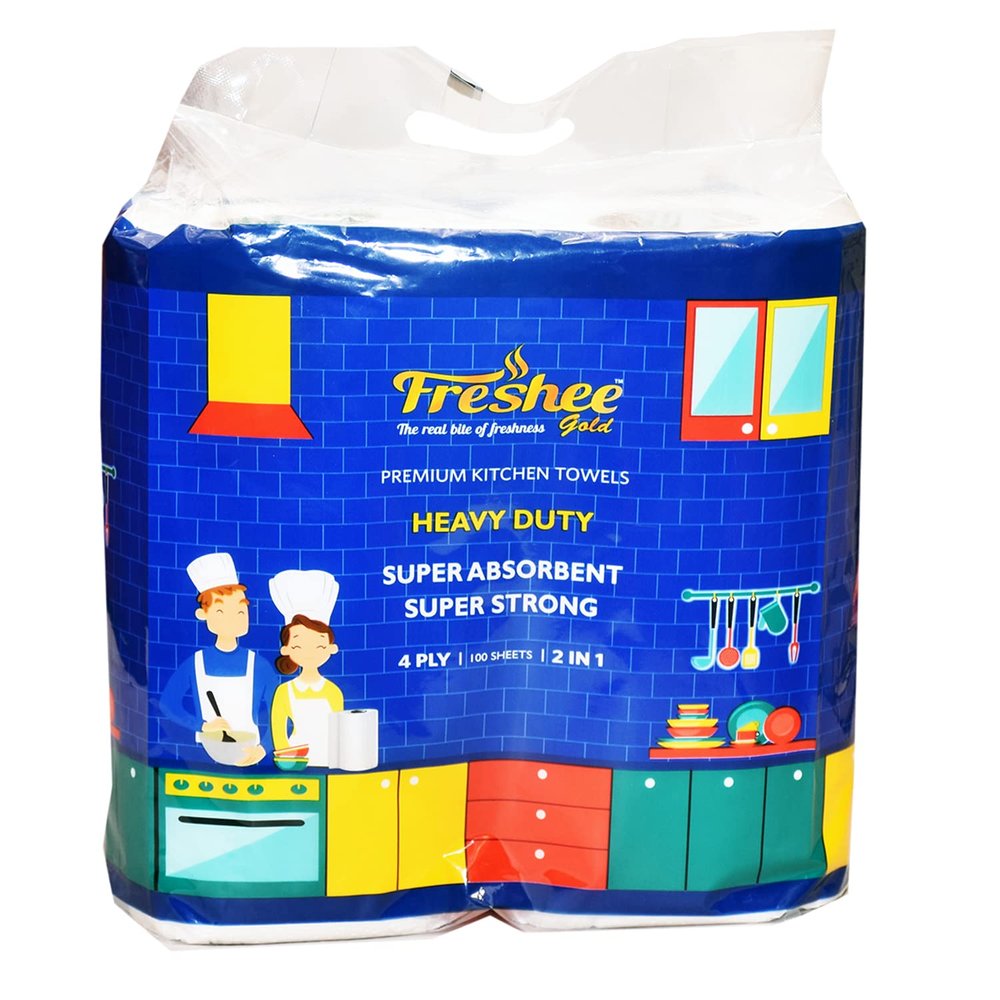 Freshee 4 Ply Kitchen Towels, Kitchen Tissue Paper Rolls Super Absorbent Heavy Duty Tissues, 2 Rolls (100 Pulls per Roll)