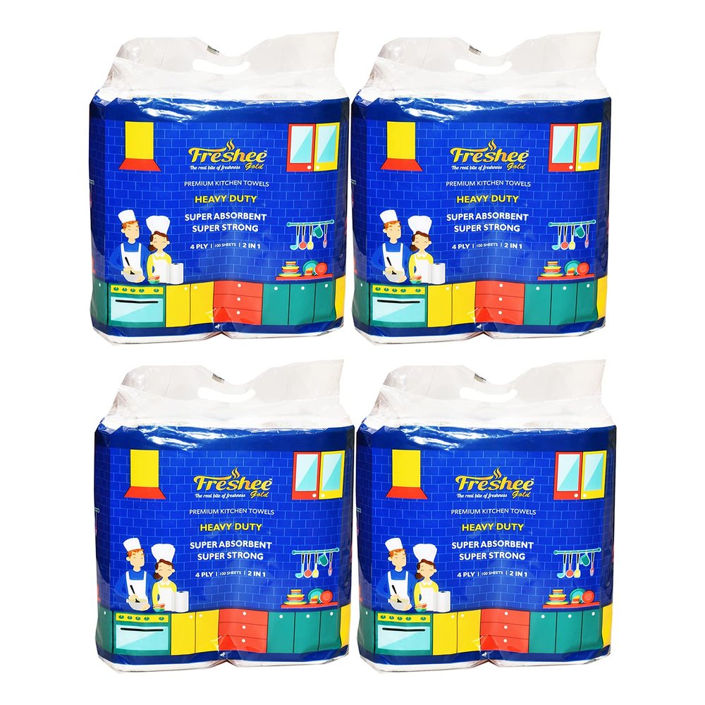 Freshee 4 Ply Kitchen Towels, Kitchen Tissue Paper Rolls Super Absorbent Heavy Duty Tissues - Pack of 4, 2 Rolls (100 Pulls per Roll)