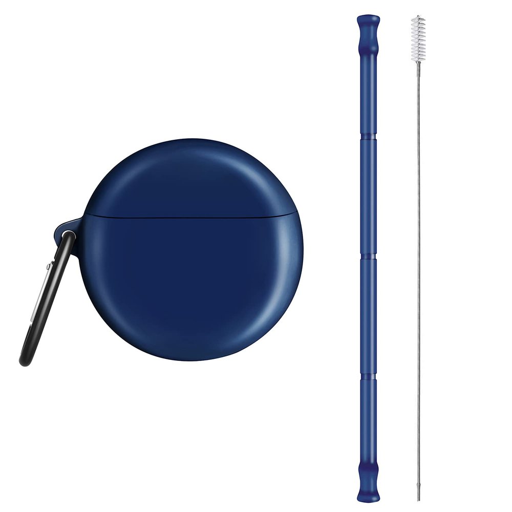 ALINK Reusable Silicone Straws with Case, Portable Foldable Travel Straws with Cleaning Brush - Blue