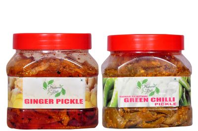 Natural Diet Combo of MotherMade Organic Traditional Punjabi Flavor Ginger Pickle Adrak Ka Achar 400 Gram & Homemade Marwadi Rajasthani Green Chilli Pickle Hari Mirch Ka Achar Without Oil 400 Gram