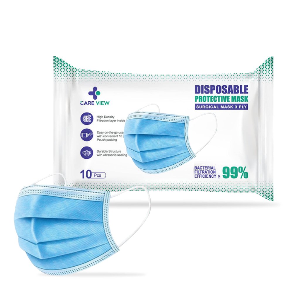 Careview 3 Ply Disposable Surgical Face Mask Pouch and built in Nose Pin, Certified by BFE>99% and PFE > 95%, SITRA, DRDO, ISO and CE (Pack of 400, Blue) (CV2920-Pouch)