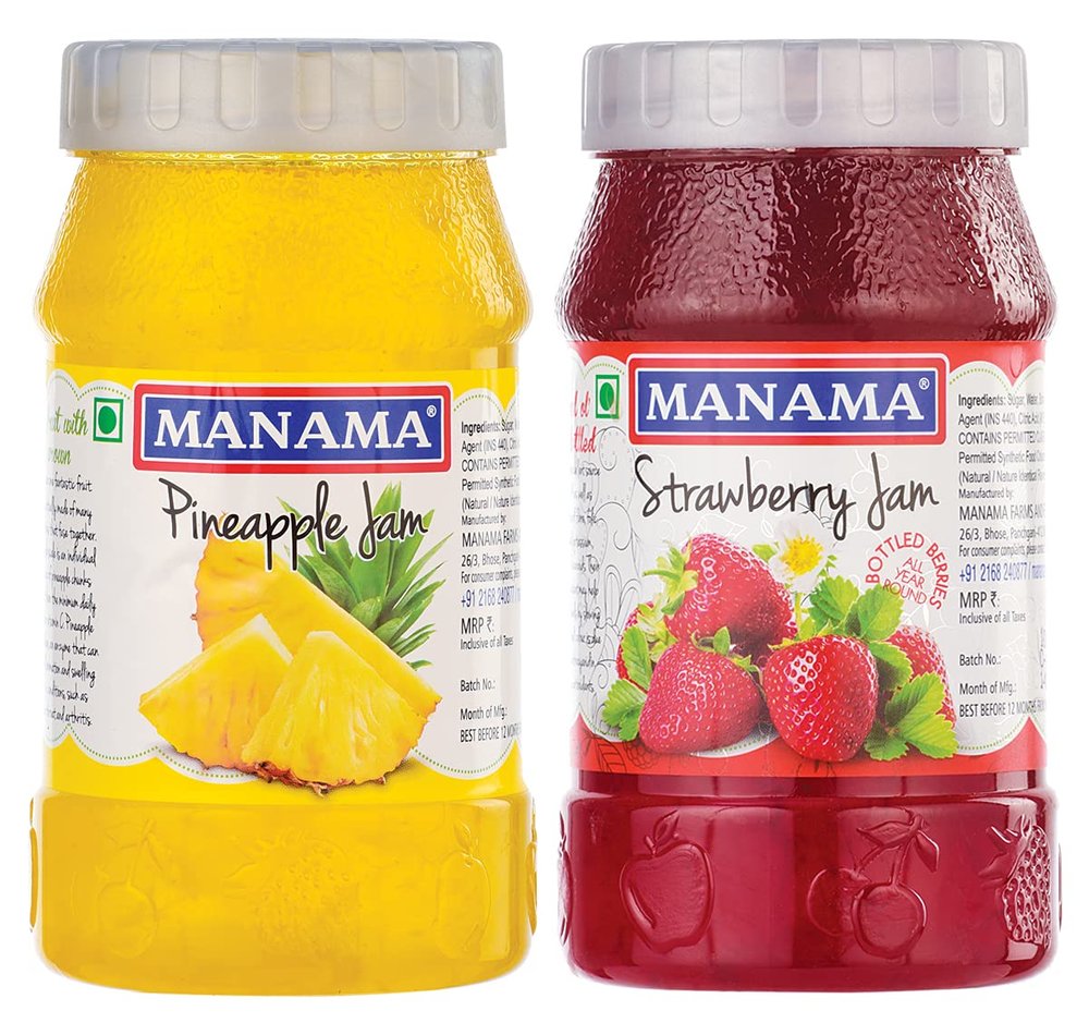 Manama Pineapple Fruit Jam and Strawberry Fruit Jam, 500GMS, Pack of 2