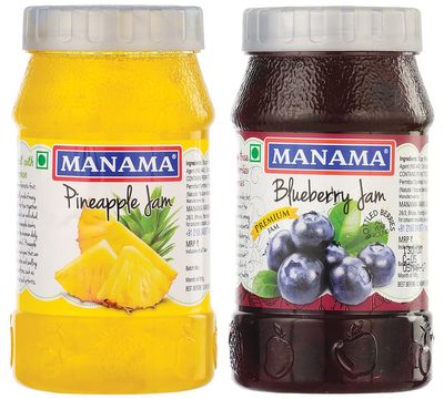 Manama Pineapple Fruit Jam and Blueberry Fruit Jam, 500GMS Each, Pack of 2