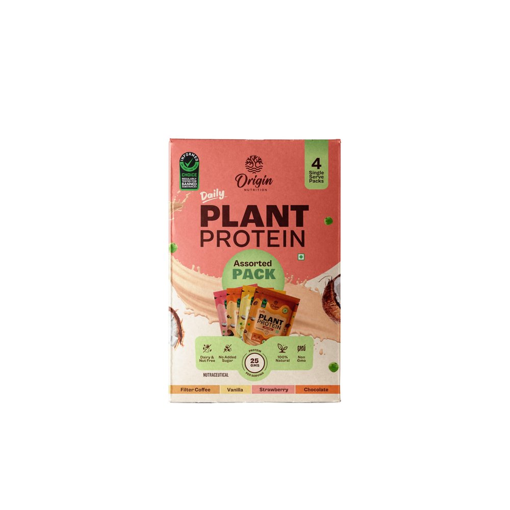 Origin Nutrition 100% Natural & Clean Plant Protein, Assorted Pack (Chocolate, Strawberry, Vanilla and Filter Coffee)