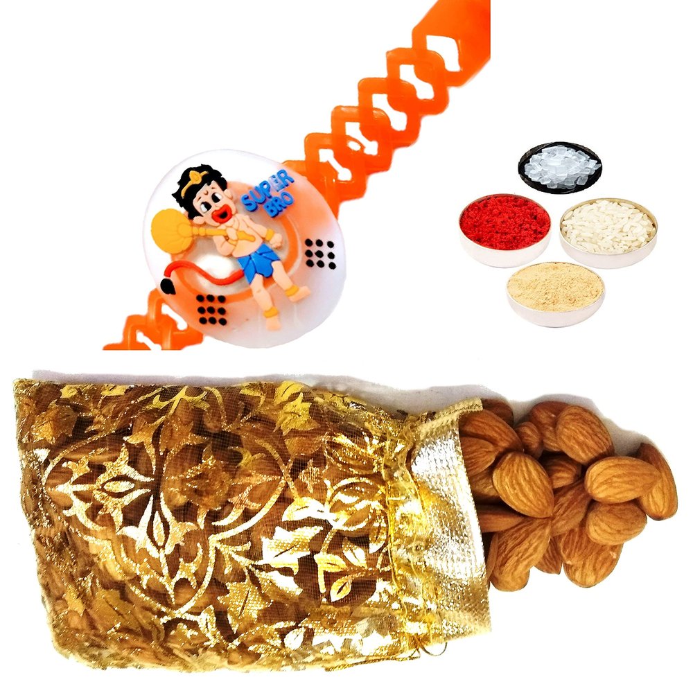 Bal Hanuman LED Rakhi Gift for Brother Kids, 150gms Badam Designer Potli, Tikka with Personal Message & Roli Chandan Chawal Mishri Pack for Little Small Bhai Bhaiya