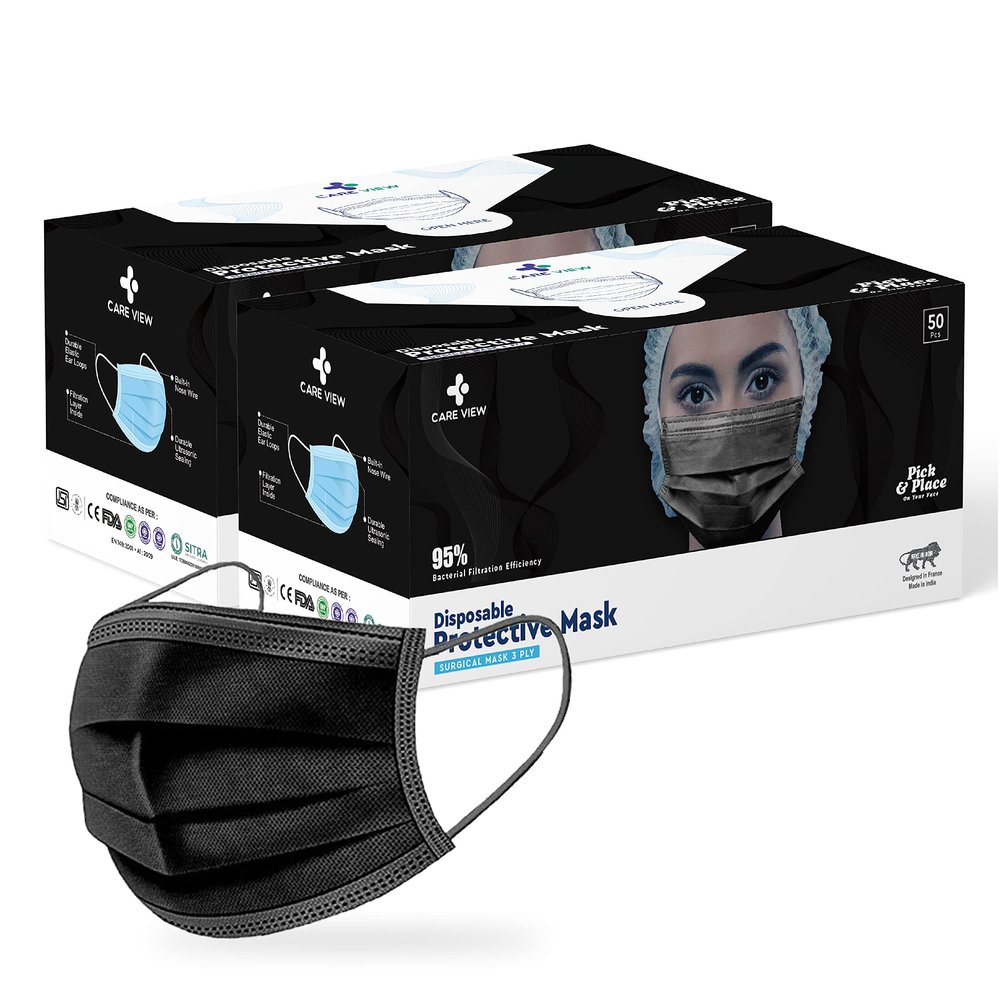 Careview CV2992, SITRA Approved, 3 Ply Colored Disposable Surgical Mask With Built in Metal Nose Pin and 1 Melt Blown Layer (Pack of 200, Black)