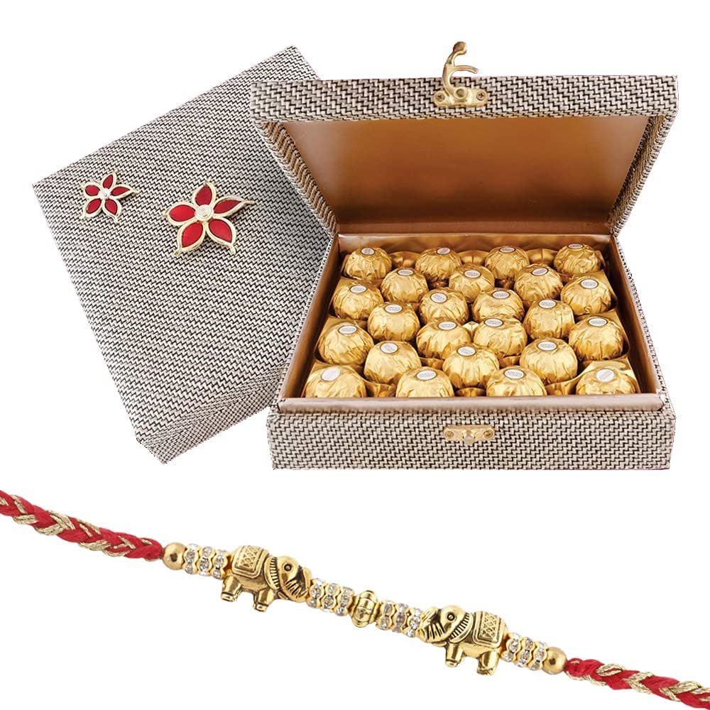 Astonished Retail 24 Pieces Ferrero Rocher with Multipurpose Wooden Box | Rakhi Chocolate for Brother | Rakhi Chocolate Hamper | Roli, Chawal, Chandan, Misri | 502