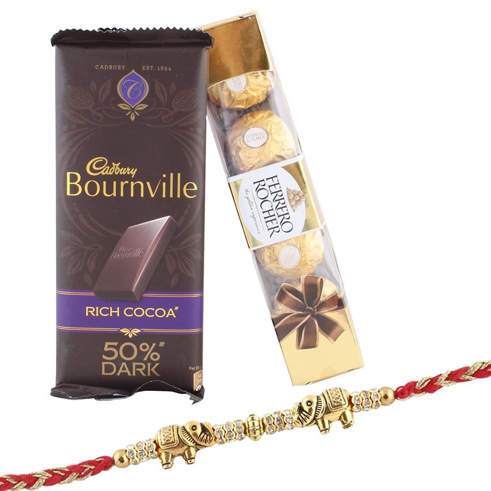 Astonished Retail 4 Pcs Ferrero Rocher with Bournville Chocolate | Rakhi Chocolate for Brother | Rakhi Chocolate Hamper | Roli, Chawal, Chandan, Misri | 764