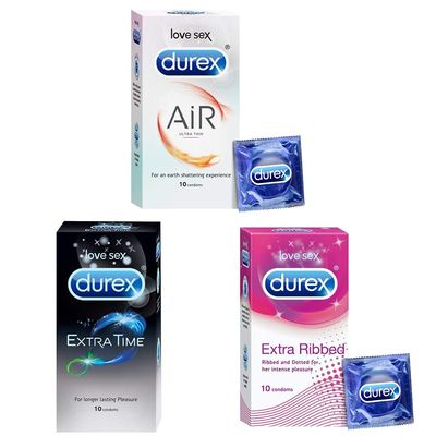Durex Pleasure Packs - 10 Count (Pack of 3 - Air, Extra Time, Extra Ribbed)