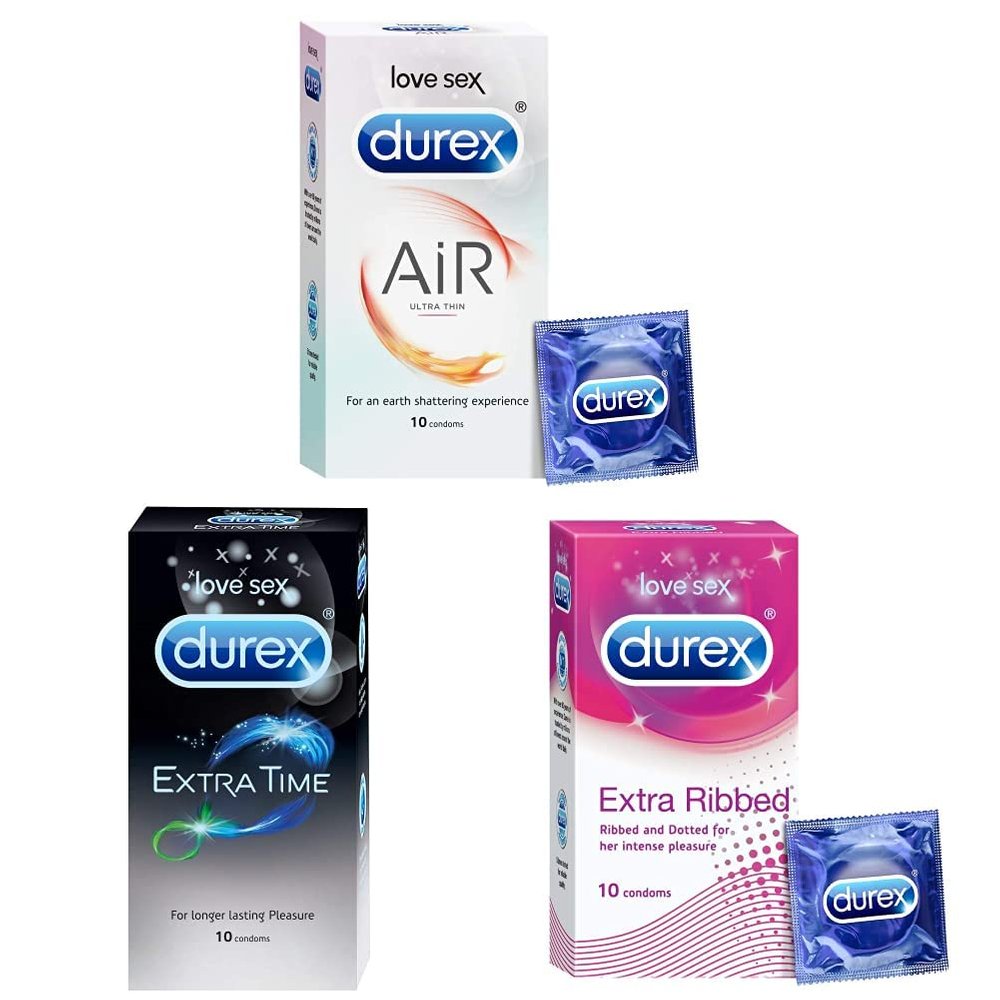 Durex Pleasure Packs - 10 Count (Pack of 3 - Air, Extra Time, Extra Ribbed)