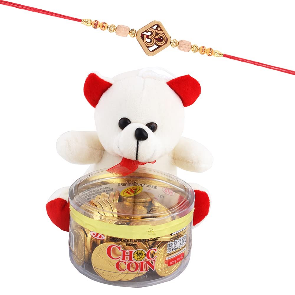Astonished Retail Gold Coin Chocolates with Cute Teddy | Flower Rakhi with Chocolate for Brother | Rakhi Chocolate Hamper | Roli, Chawal, Chandan, Misri | 784