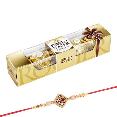 Astonished Retail Delicious Ferrero Rocher Chocolates (4 pcs) | Flower Rakhi with Chocolate for Brother | Rakhi Chocolate Hamper | Roli, Chawal, Chandan, Misri | 623