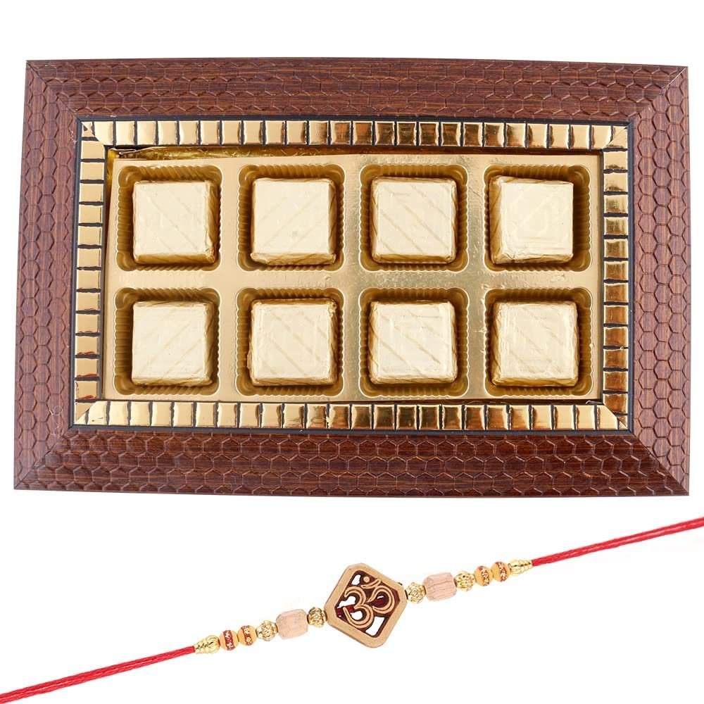 Astonished Retail 8 Pieces Tasty Homemade Chocolates | Flower Rakhi with Chocolate for Brother | Rakhi Chocolate Hamper | Roli, Chawal, Chandan, Misri | 471