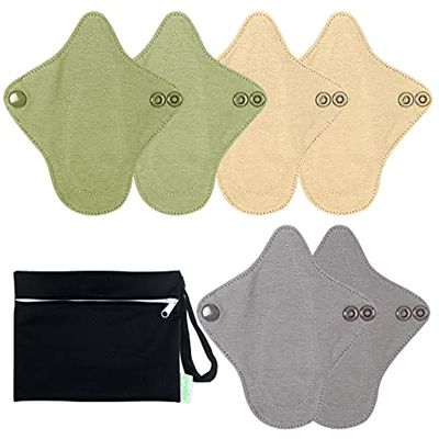 6 PCs Reusable Menstrual Pads, Ultra Absorbent Cotton Cloth Pads for Light / Heavy Flow, Cotton Sanitary Pads for Teens, Women, Nonslip Panty Liners + 1 pc Wet Bag (Mustard Yellow, Grey, Beige, XS)