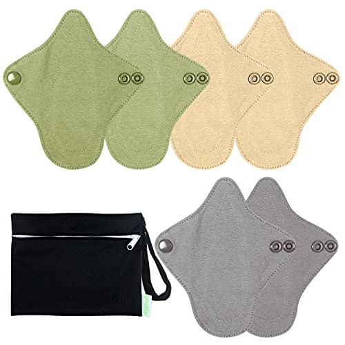 6 PCs Reusable Menstrual Pads, Ultra Absorbent Cotton Cloth Pads for Light / Heavy Flow, Cotton Sanitary Pads for Teens, Women, Nonslip Panty Liners + 1 pc Wet Bag (Mustard Yellow, Grey, Beige, XS)
