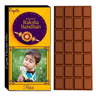 Expelite Customizable Chocolate Rakhi Return Gift with Dry Fruit for Raksha Bandhan, Personaliz Gifting, Unique Packaging & Sweet Messages, Perfect for Brother, Sister, Bhaiya Bhabhi (100g Bar)