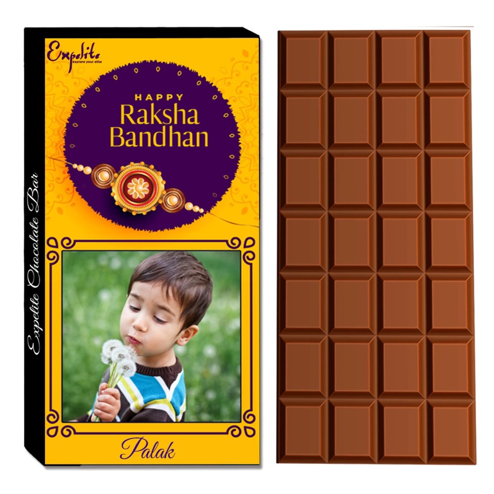 Expelite Customizable Chocolate Rakhi Return Gift with Dry Fruit for Raksha Bandhan, Personaliz Gifting, Unique Packaging & Sweet Messages, Perfect for Brother, Sister, Bhaiya Bhabhi (100g Bar)