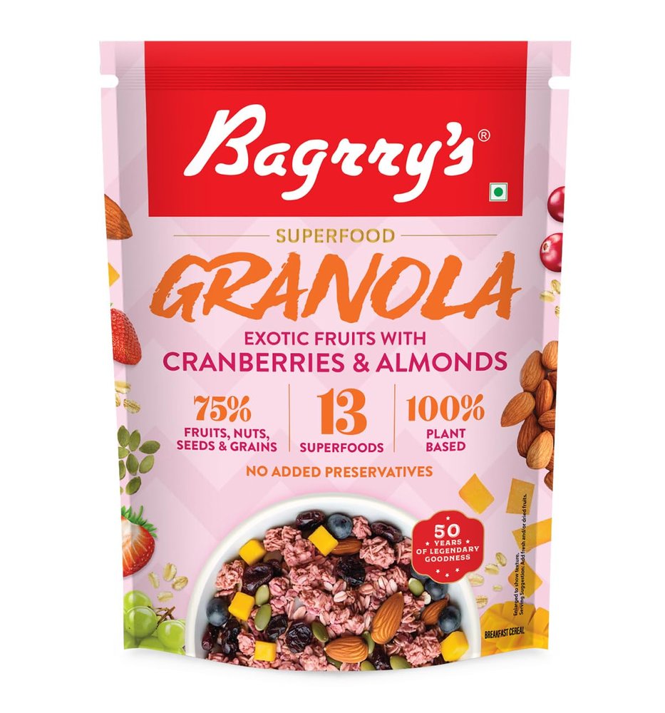 Bagrrys Exotic Fruits Granola with Cranberries, Almonds 400gm, 30% Fruit, Nut & Berries Granola| 13 Superfoods, Oats, Quinoa, Mango, Strawberries, Almonds, Cranberries | Fruit Breakfast Cereal