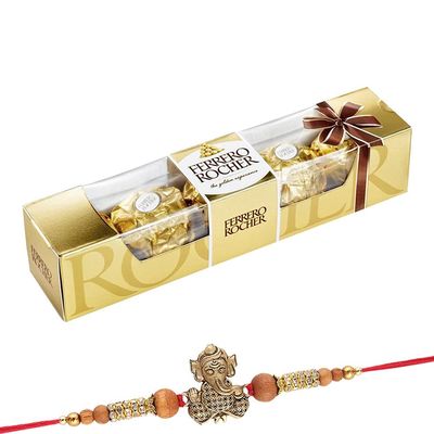 Astonished Retail Delicious Ferrero Rocher Chocolates (4 pcs) | Ganesh Ji Rakhi with Chocolate for Brother | Rakhi Chocolate Hamper | Roli, Chawal, Chandan, Misri | 623