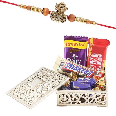 Astonished Retail Small Chocolate Surprise Gift Box | Ganesh Ji Rakhi with Chocolate for Brother | Rakhi Chocolate Hamper | Roli, Chawal, Chandan, Misri | 530