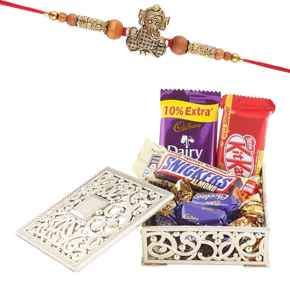 Astonished Retail Small Chocolate Surprise Gift Box | Ganesh Ji Rakhi with Chocolate for Brother | Rakhi Chocolate Hamper | Roli, Chawal, Chandan, Misri | 530