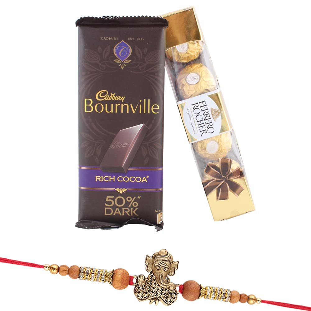 Astonished Retail 4 Pcs Ferrero Rocher with Bournville Chocolate | Ganesh Ji Rakhi with Chocolate for Brother | Rakhi Chocolate Hamper | Roli, Chawal, Chandan, Misri | 764