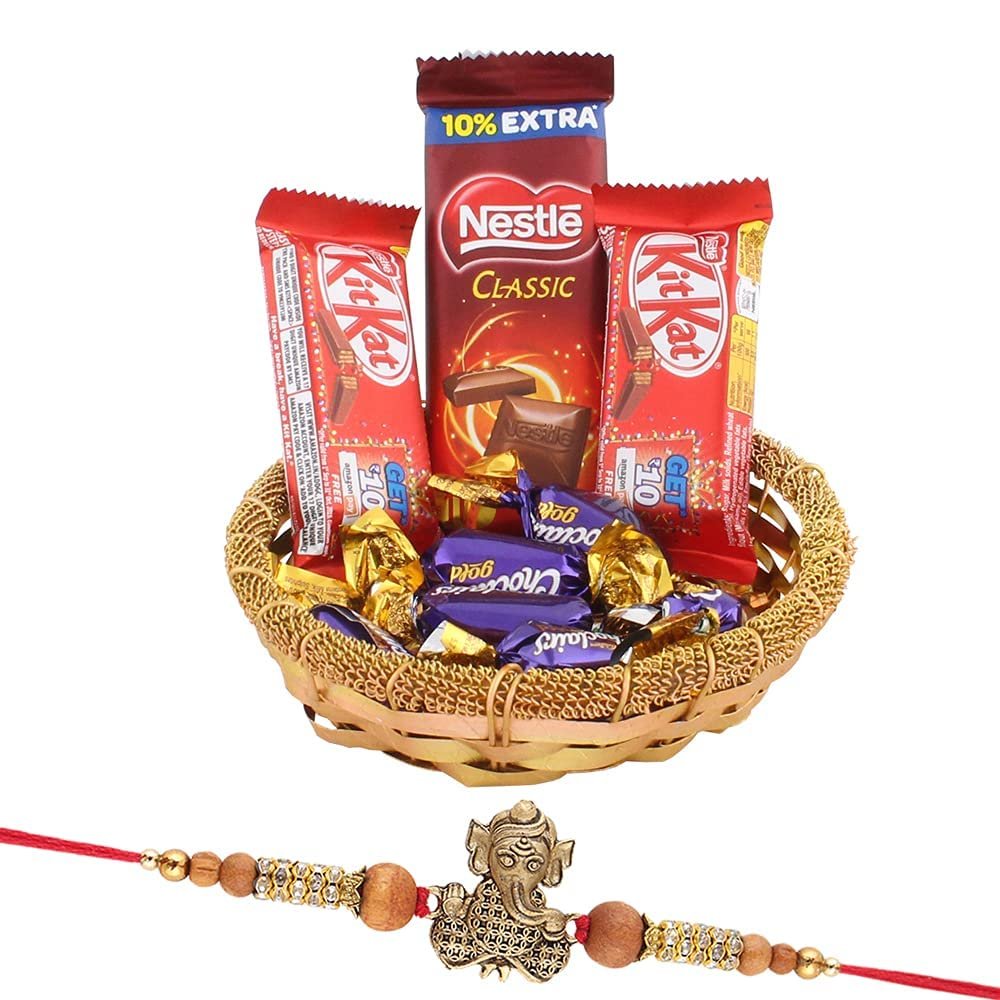 Astonished Retail Mini Chocolate Celebrations Pack | Ganesh Ji Rakhi with Chocolate for Brother | Rakhi Chocolate Hamper | Roli, Chawal, Chandan, Misri | 639