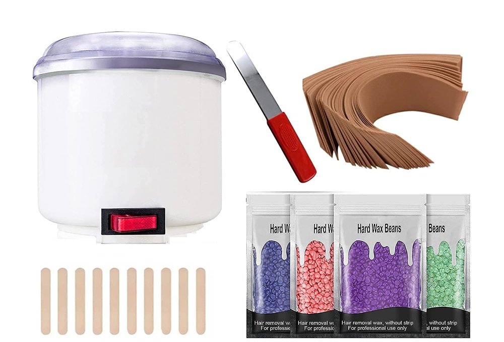 CUVLY Wax Heater Hot Waxing Wax Kit Wax Warmer with Hair Removal Wax Beans (100g) and Wax Knife With Wax Strips For Painless Hard,Strip and Paraffin Wax For Women-Color May Very (Pack Of 5)