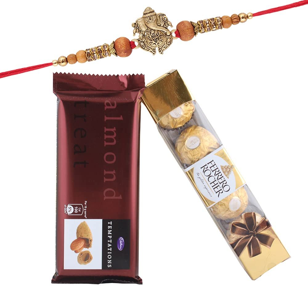 Astonished Retail Temptation & 4 Pcs Ferrero Rocher Chocolate | Ganesh Ji Design Rakhi with Chocolate for Brother | Rakhi Chocolate Hamper | Roli, Chawal, Chandan, Misri | 797