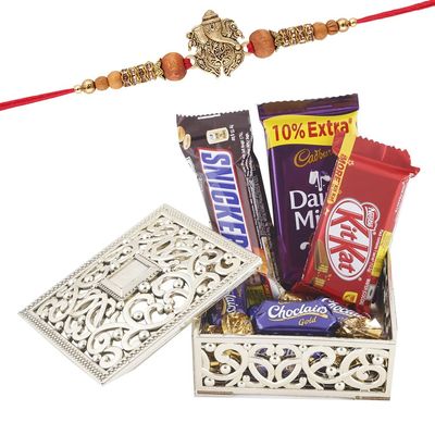 Astonished Retail Sweet Chocolate Gift Box | Ganesh Ji Design Rakhi with Chocolate for Brother | Rakhi Chocolate Hamper | Roli, Chawal, Chandan, Misri | 535
