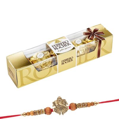 Astonished Retail Delicious Ferrero Rocher Chocolates (4 pcs) | Ganesh Ji Design Rakhi with Chocolate for Brother | Rakhi Chocolate Hamper | Roli, Chawal, Chandan, Misri | 623
