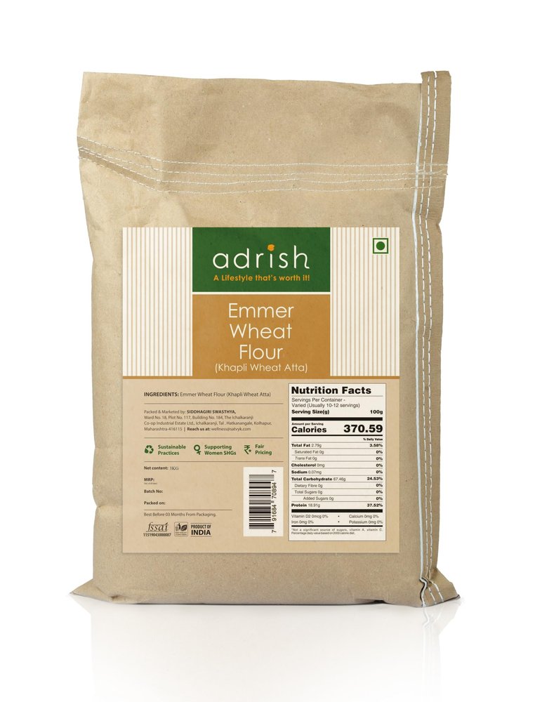 Adrish Zerowaste Organic Khapli Wheat Flour (3kg) - Stoneground Khapli Aata | Easy to Digest Emmer Wheat Flour | Fiber Rich Whole Wheat Flour | Fresh Khapli Aata